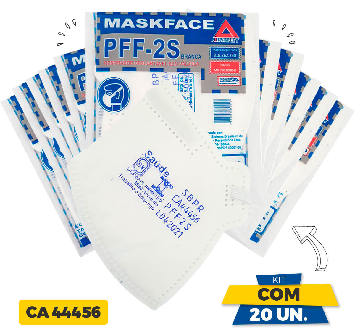 Kit com 20 Máscaras PFF2-S Air Safety Branca - Equivalente N95
