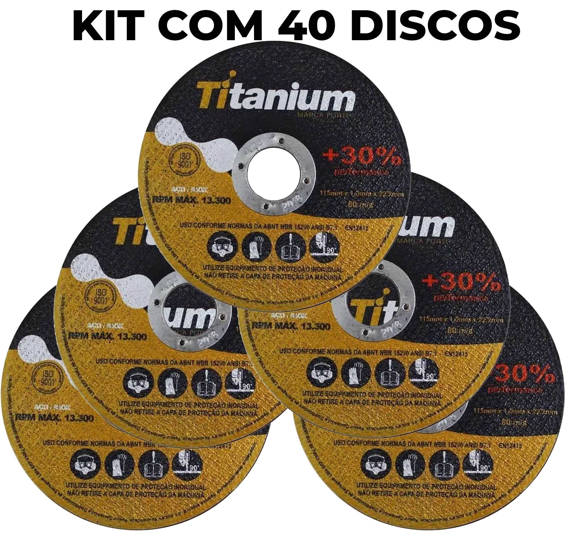 Kit com 40 Discos de Corte Fino Aço / Inox 4,5” – Titanium