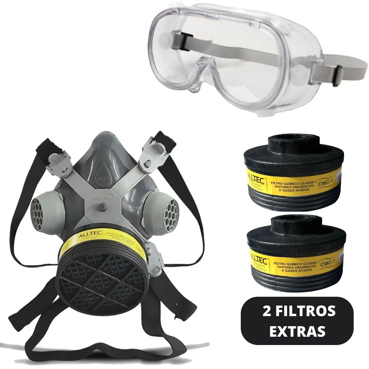 Kit Mascara Respiratória Pintura P/ Gases Ácidos 2 Filtros Extra + Oculos