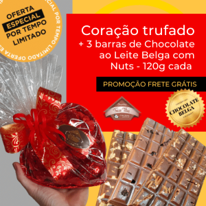 Coração trufado 285g + 3 barras de Chocolate ao Leite Belga com Nuts 120g cada