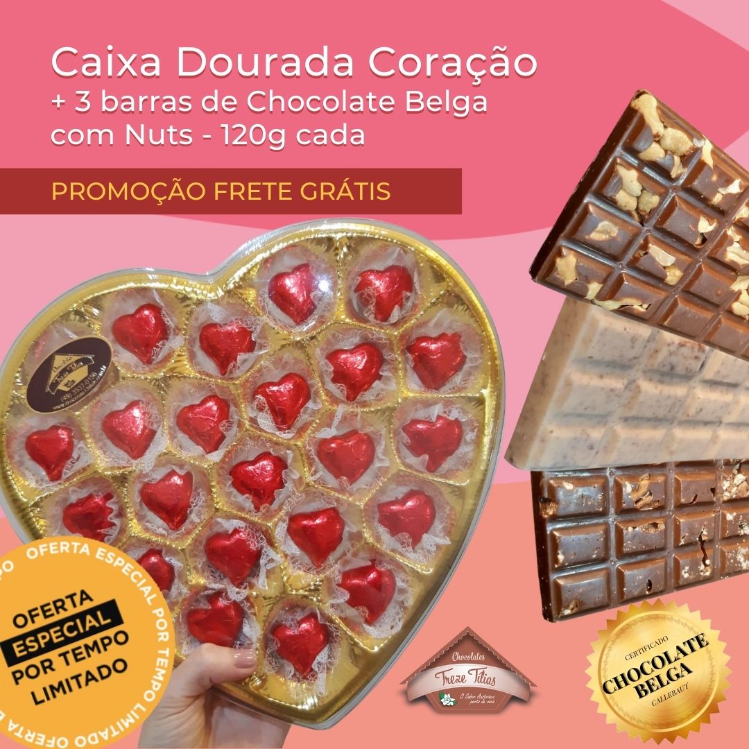 Caixa Dourada Coração G + 3 barras de Chocolate Belga com Nuts 120g cada