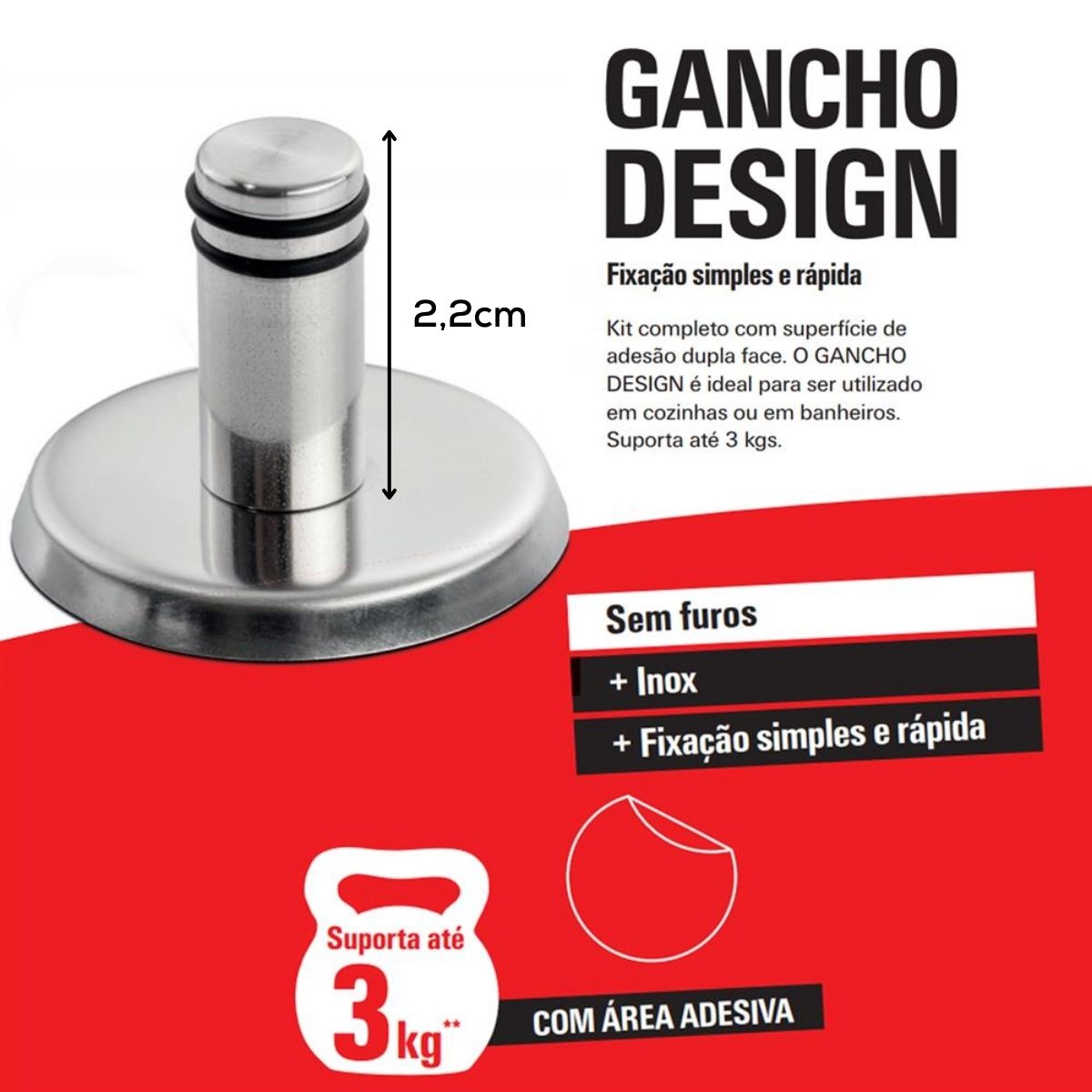 Gancho Design Inox Sem Furos Fischer Até 3kg