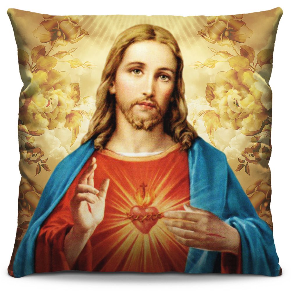 Almofada Estampada Colorida Religiosa Sagrado Coração de Jesus