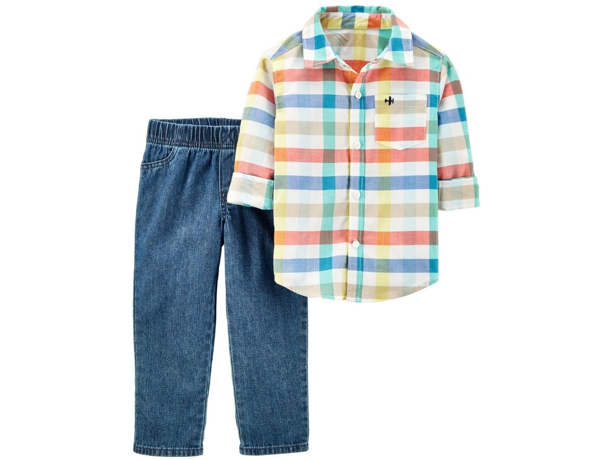 Conjunto calça jeans e camisa xadrez colorida - Carters - Kaiuru Kids