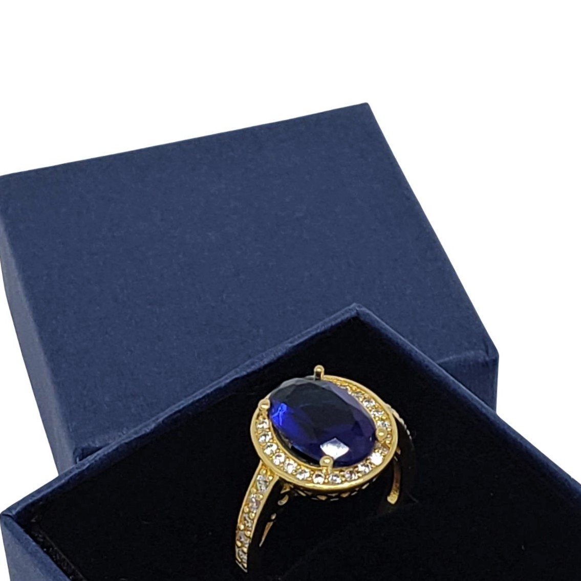 Anel Cristal Azul Safira Cravejado De Zirconias Banho De Ouro 18k 1430