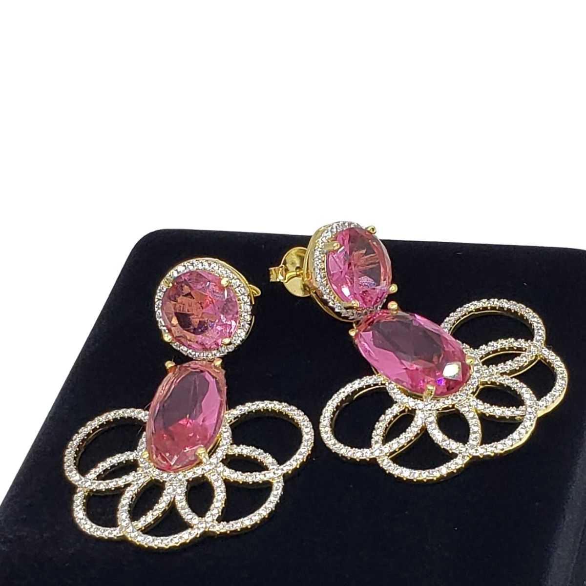 Brincos Cristal Pink Rubelita Cravejados Com Zirconias Banho De Ouro 18k 3680