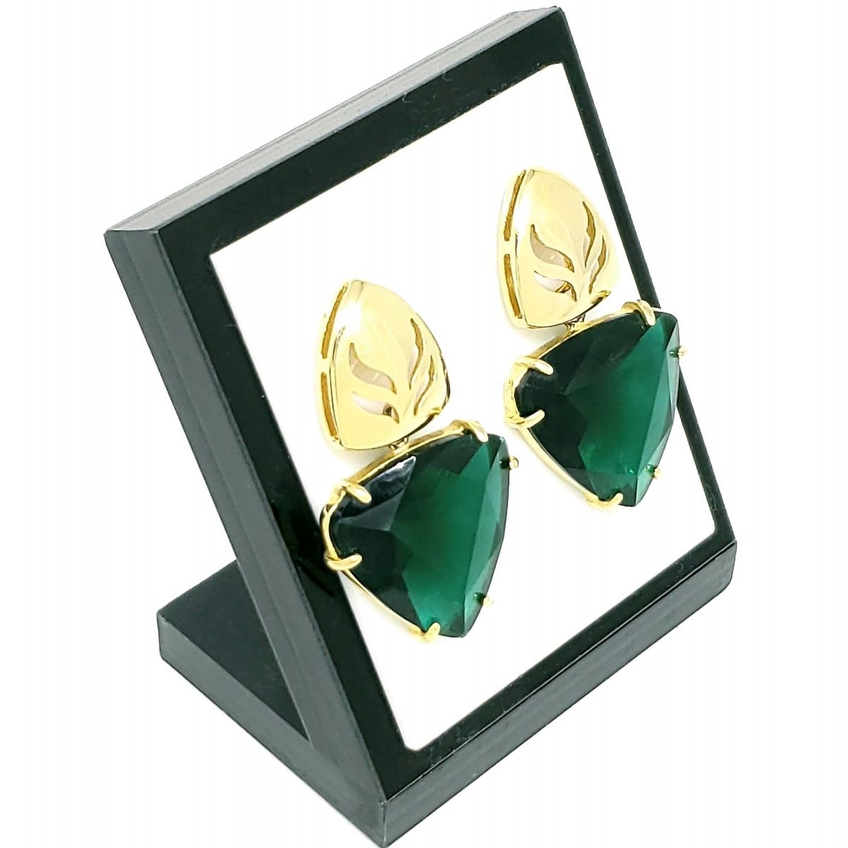Brincos De Pedra Cristal Verde Esmeralda Lapidação Triangular Francesa Banho De Ouro 18k 398