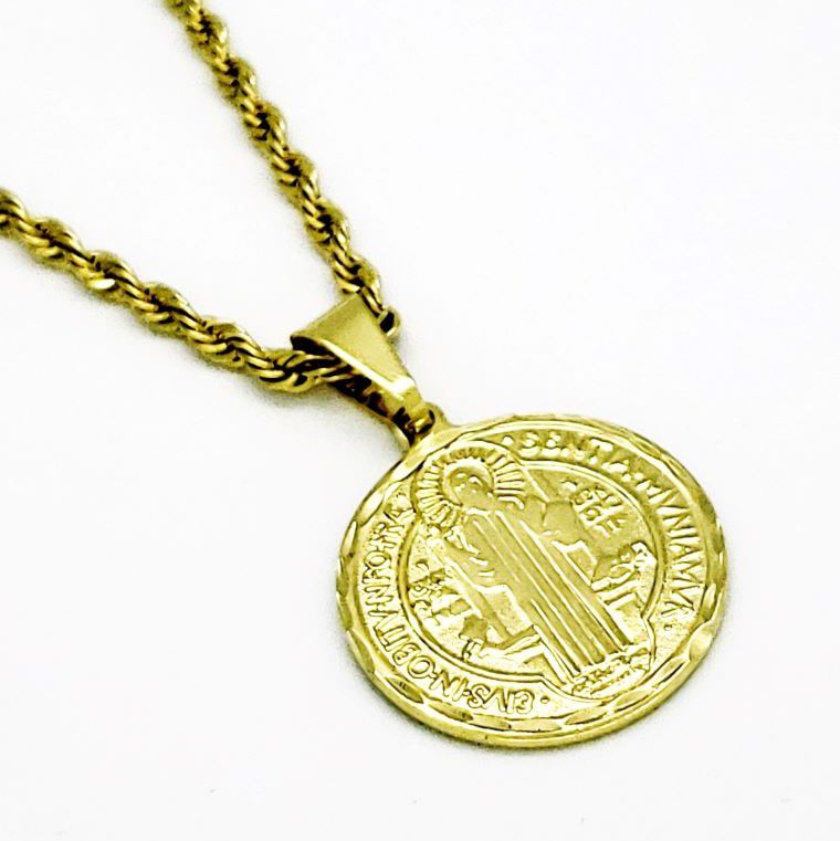 Cordão E Medalha São Bento Diamantada 25mm Banho De Ouro 18k 4359A