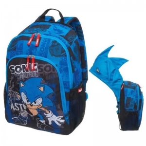 $Mochila Infantil de Costas Sonic Touca Capuz Azul Original