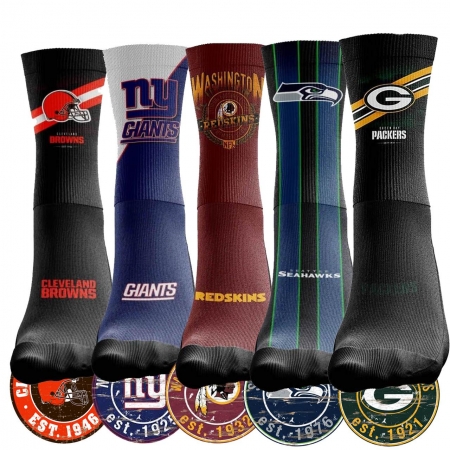 Kit NFL 5 Pares Meias Packers + Browns + Giants + Redskins + Seahawks