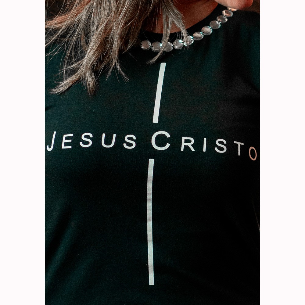 Camiseta Feminina Jesus Cristo Preta com Pedras - Soul da Paz