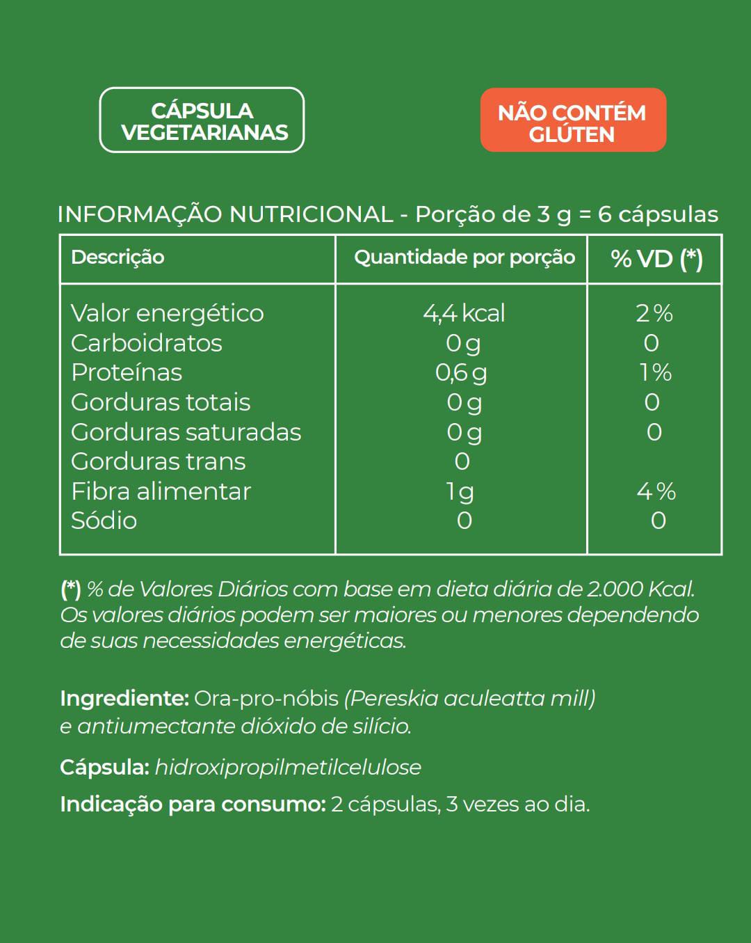 Combo 3 Ora-Pro-Nobis - Fonte de Proteínas, Vitaminas, Magnésio, Cálcio, Zinco - 60 caps