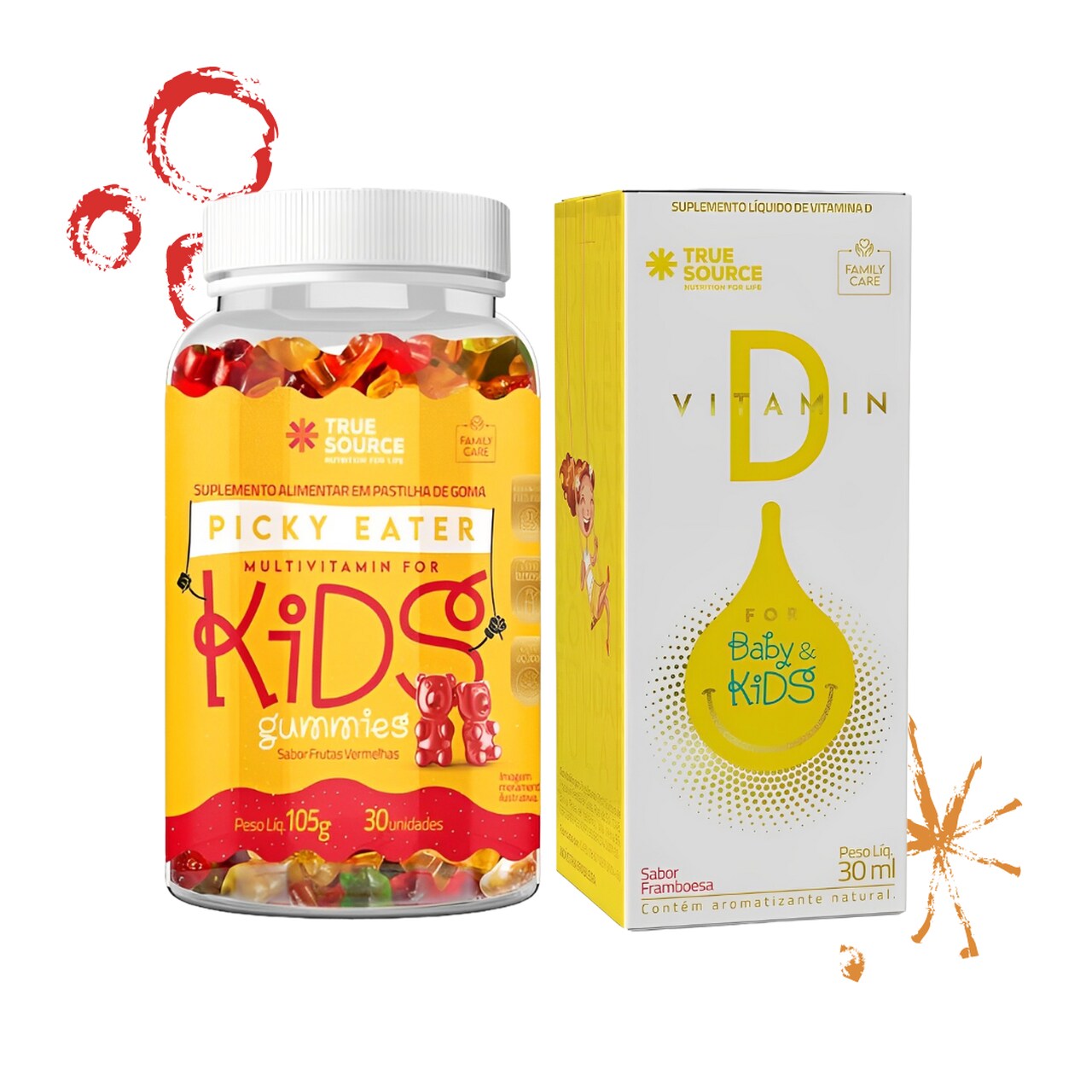 Combo Vitaminas Kids (Vitamina D 30ml + Multivitamínico 30 gomas) frutas vermelhas