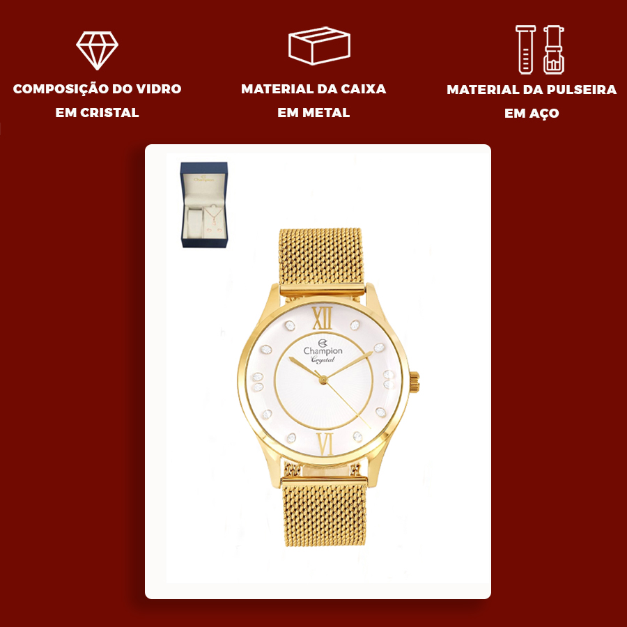 Kit Relógio Champion Crystal Feminino Dourado + Colar e Brinco