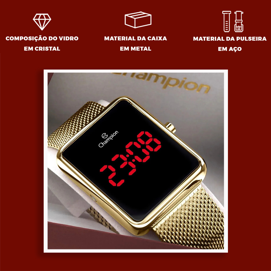 Kit Relógio Champion Feminino Digital Dourado Led + Colar e Brinco