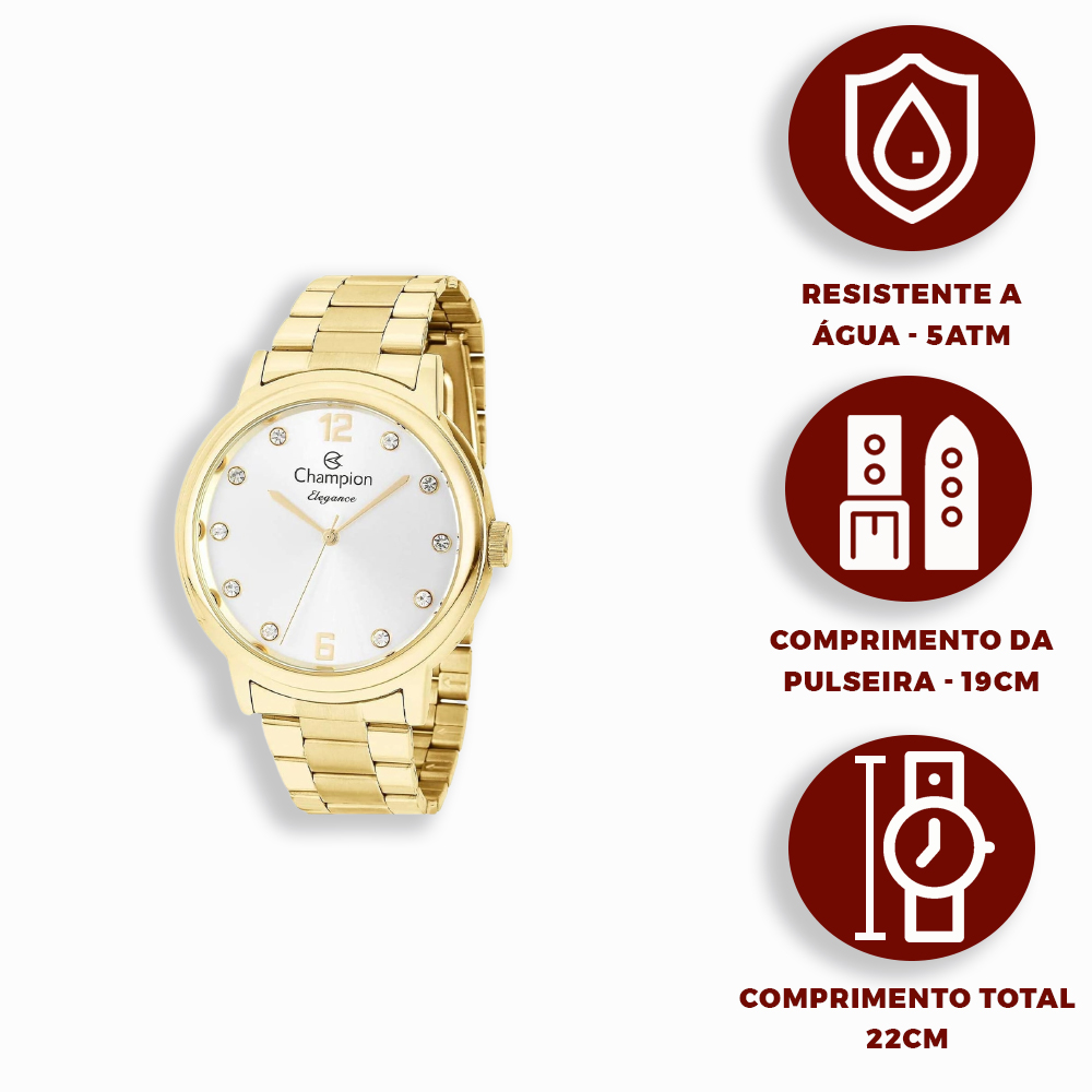 Kit Relógio Champion Elegance Feminino Gold + Colar e Brinco