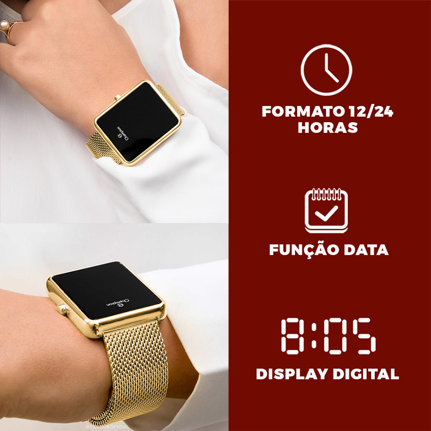 Kit Relógio Champion Feminino Digital Dourado Led + Pulseira