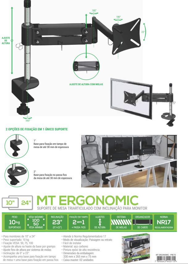 MT Ergonomic Suporte de mesa Articulado com Inclinação para Monitor LCD/LED de 10" a 24"