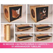 Kit 02 Nichos Gatos + 04 Prateleiras c/Carpete + 01 Arranhador Tubular - Frente Preta