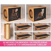 Kit 02 Nichos Gatos Almofada + 04 Prateleiras c/Carpete + 01 Arranhador Tubular - Frente Preta