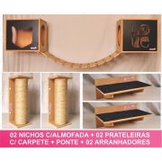 Kit 02 Nichos Gatos Almofada + Ponte + 02 Prateleiras c/Carpete + 02 Arranhadores Tubular - Frente Preta