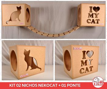 Kit 02 Nichos Gatos + Ponte - Mdf Cru