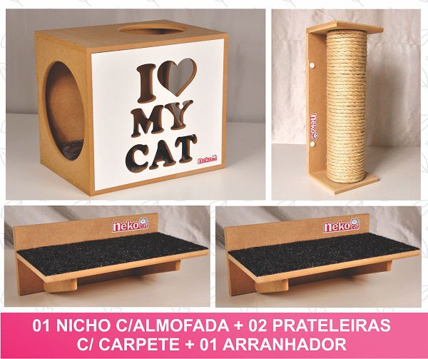 Kit 01 Nicho Gatos Almofada + 02 Prateleiras c/Carpete + 01 Arranhador Tubular - Frente Branca