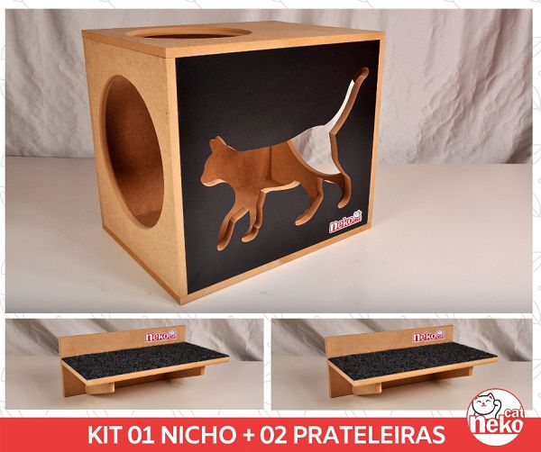 Kit 01 Nicho NekoCat + 02 Prateleiras c/Carp -  Frente Preta