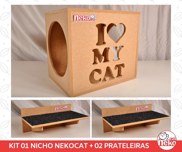 Kit 01 Nicho NekoCat + 02 Prateleiras c/Carp -  Mdf Cru