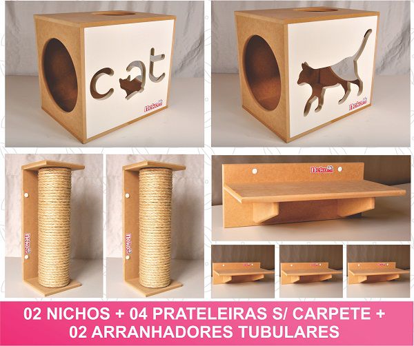 Kit 02 Nichos Gatos + 04 Prateleiras + 02 Arranhadores Tubular - Frente Branca