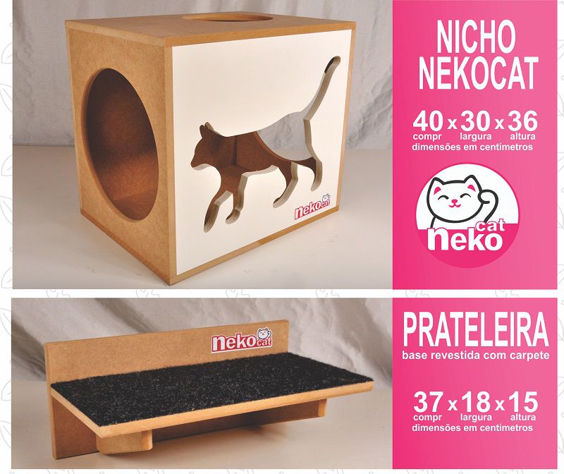 Kit 02 Nichos Gatos + 04 Prateleiras c/Carpete + 01 Arranhador Tubular - Frente Branca
