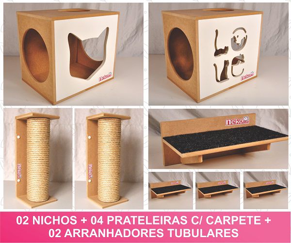Kit 02 Nichos Gatos + 04 Prateleiras c/Carpete + 02 Arranhadores Tubular - Frente Branca
