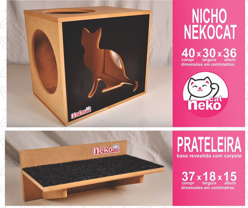Kit 02 Nichos Gatos + 04 Prateleiras c/Carpete + 02 Arranhadores Tubular - Frente Preta