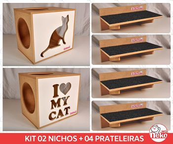 Kit 02 Nichos Gatos + 04 Prateleiras c/Carpete - Frente Branca