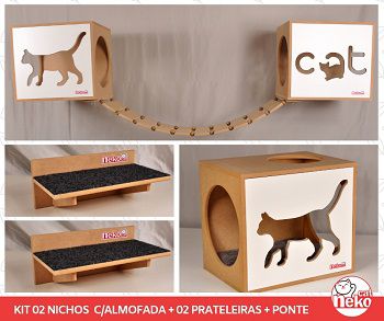 Kit 02 Nichos Gatos Almofada + Ponte + 02 Prateleiras c/Carpete - Frente Branca