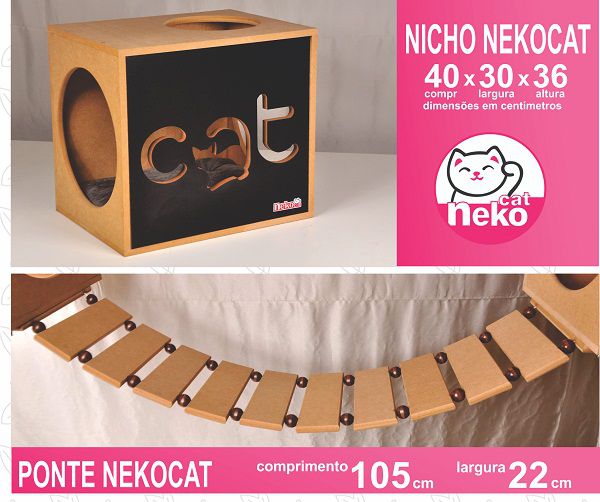 Kit 02 Nichos Gatos Almofada + Ponte + 04 Prateleiras c/Carpete + 01 Arranhador Tubular - Frente Preta