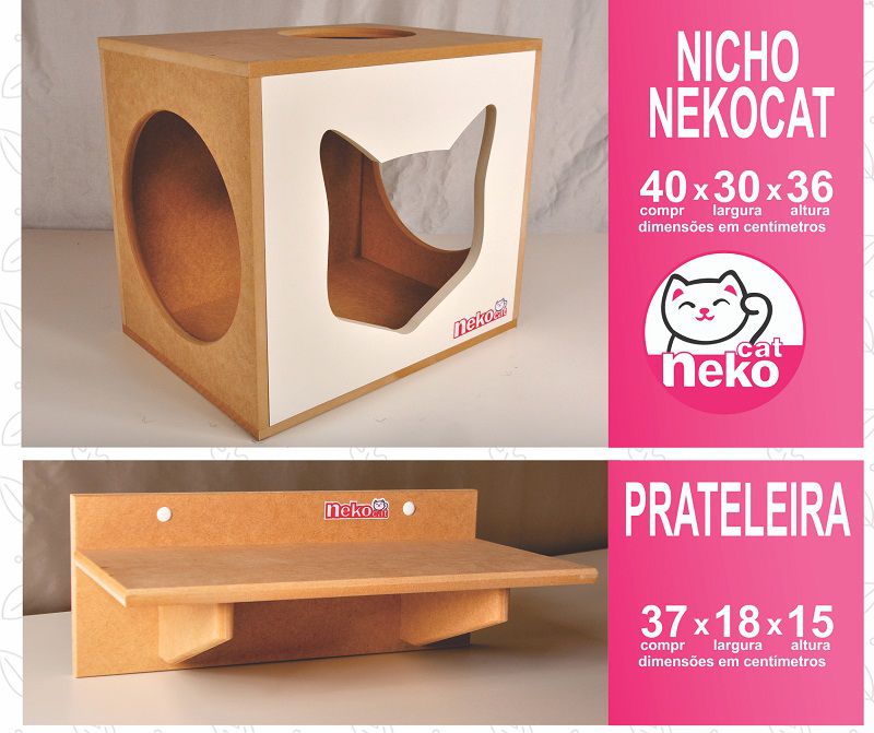 Kit 02 Nichos Gatos + Ponte + 02 Prateleiras + 02 Arranhadores Tubular - Frente Branca