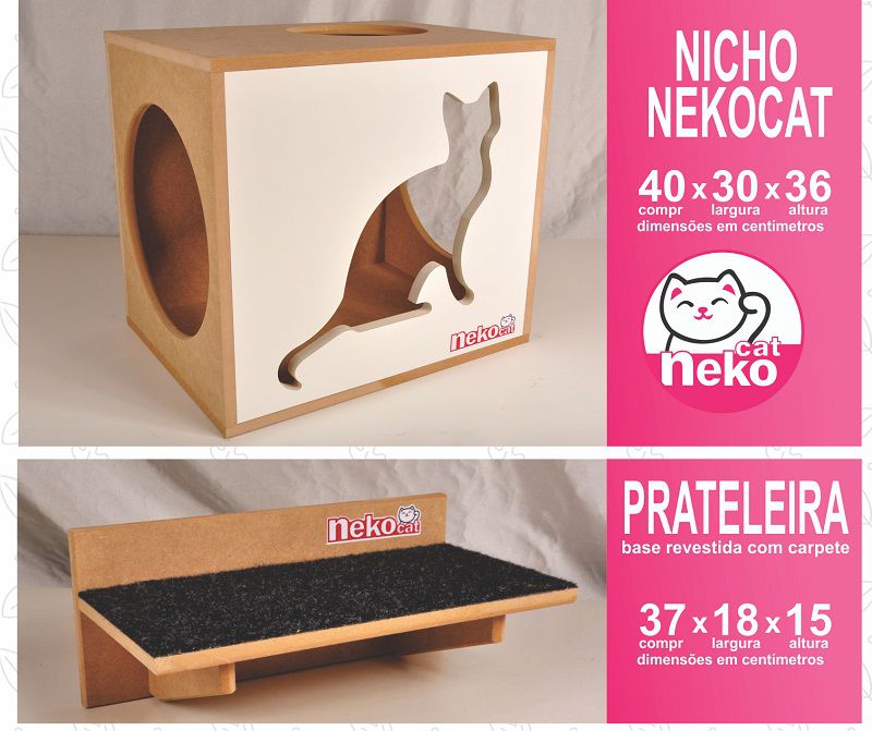 Kit 02 Nichos Gatos + Ponte + 04 Prateleiras c/Carpete + 01 Arranhador Tubular - Frente Branca