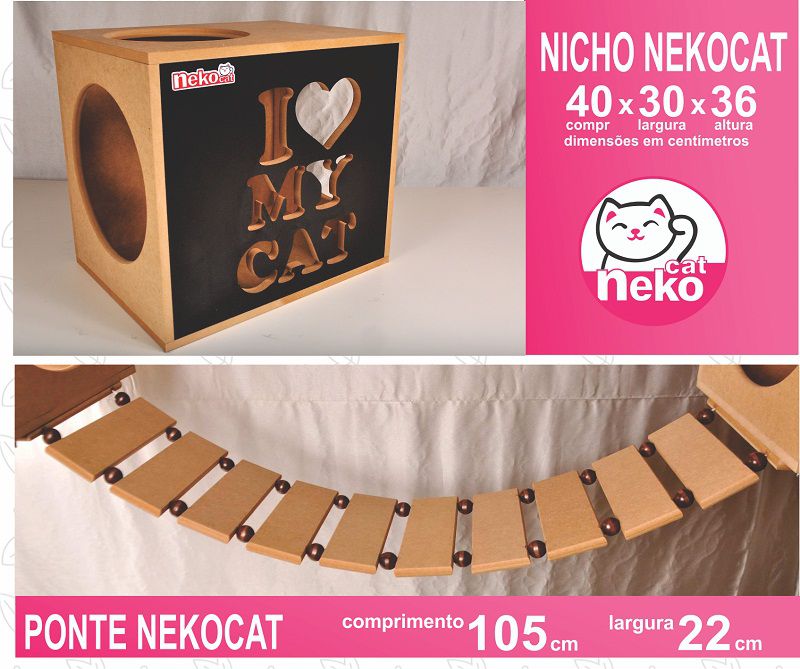 Kit 02 Nichos Gatos + Ponte + 04 Prateleiras c/Carpete + 01 Arranhador Tubular - Frente Preta
