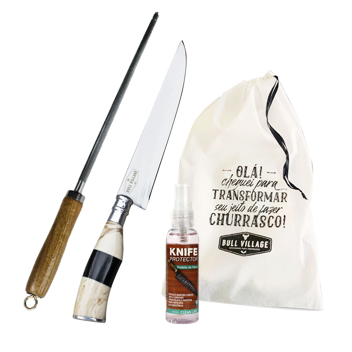 Kit DENVMARK -  Faca Artesanal Para Churrasco Inox 7 Pol. Com Cabo Em Chifre e Osso + Chaira tradicional com Cabo em madeira + Knife Protector