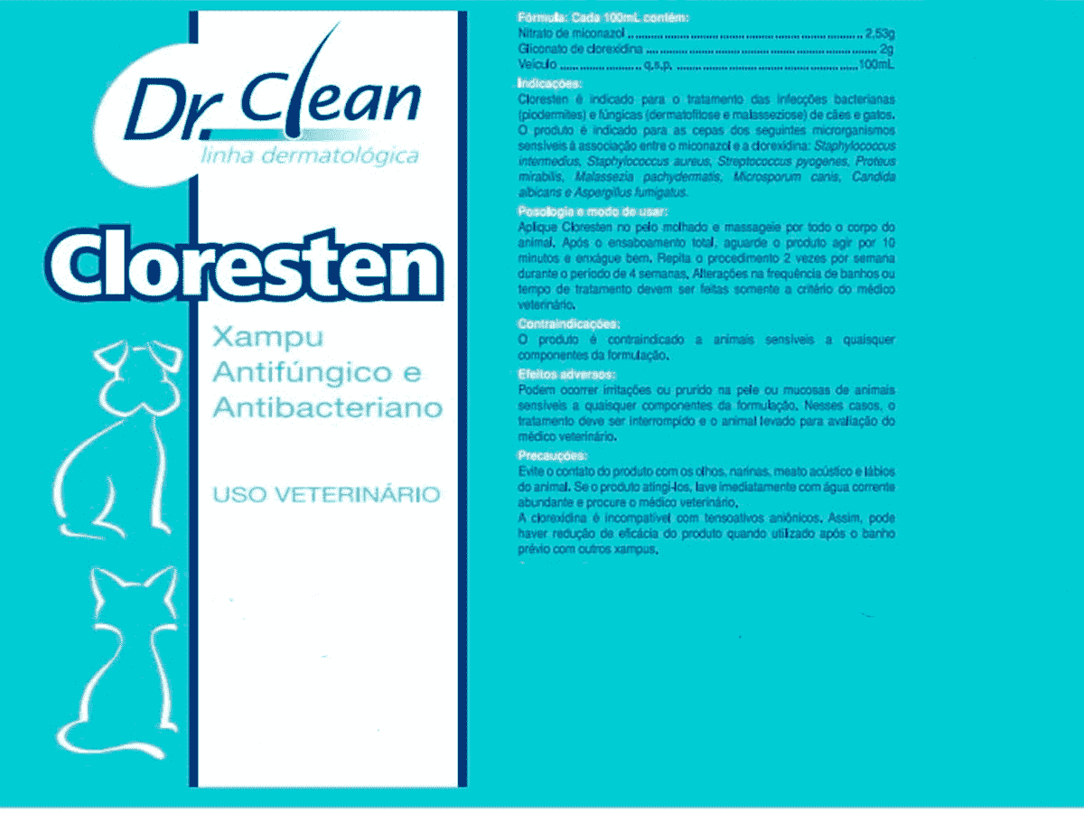Cloresten Shampoo Cloresten Antifúngico e Bacteriano Dr.Clean Cães e Gatos 500ml