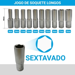 Jogo De Soquete Sextavado Longo 1/2 8 A 19mm Pito Cr-v 10Pçs