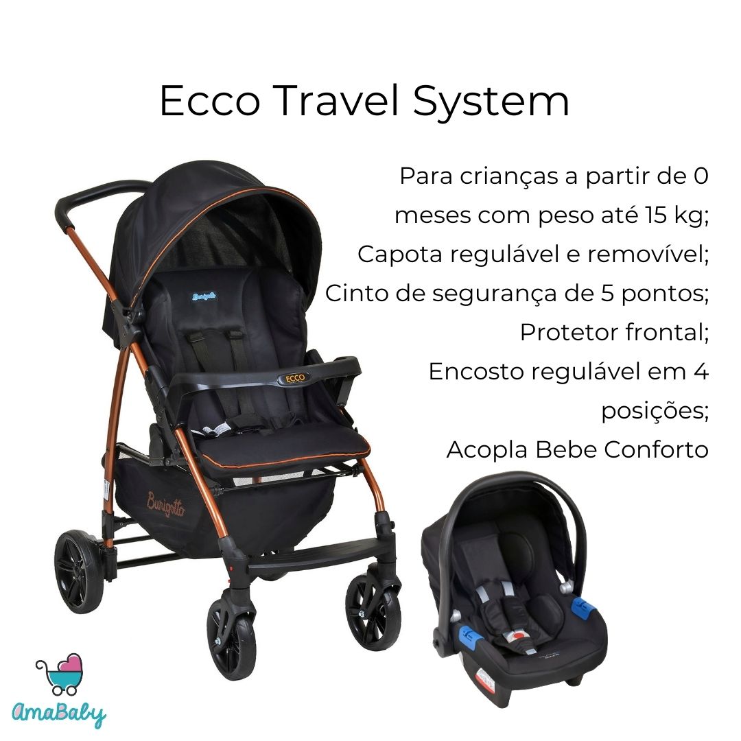 Carrinho de Bebê com Bebê Conforto Ecco Travel System Preto Cobre