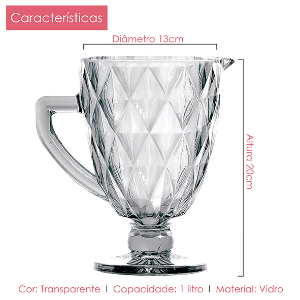 Kit Jarra 1 L + 6 Taças Diamante Clear Vidro Class Home