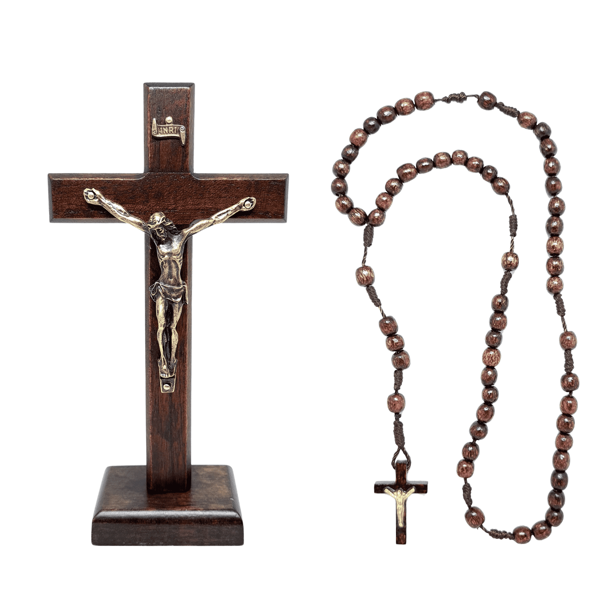 Crucifixo de mesa 18 cm + Terço de madeira