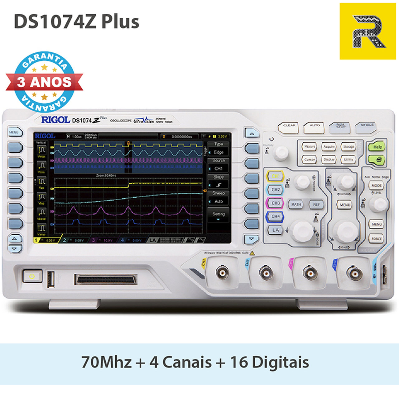 Osciloscópio Digital 70 Mhz,  4 canais + 16 digitais - DS1074Z Plus  - RCBI