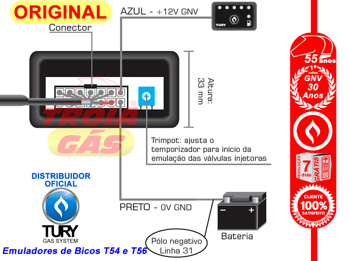 Emulador 4 Bicos T54+ c/Chicote TURY GAS Mitsubishi Renault Toyota