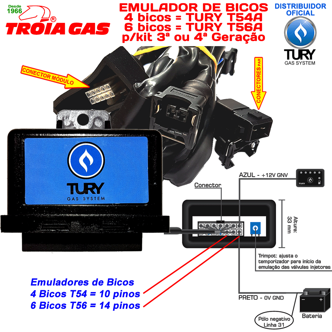 Emulador T54 A 4 Bicos Injetores com Chicote Conectores TURY GAS