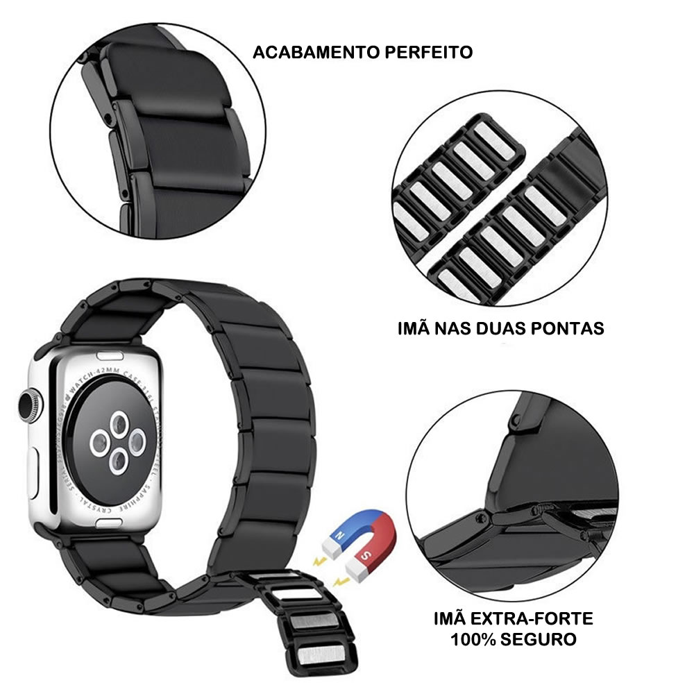 Pulseira Magnética Elos de Metal compatível com Apple Watch 45mm 44mm 42mm