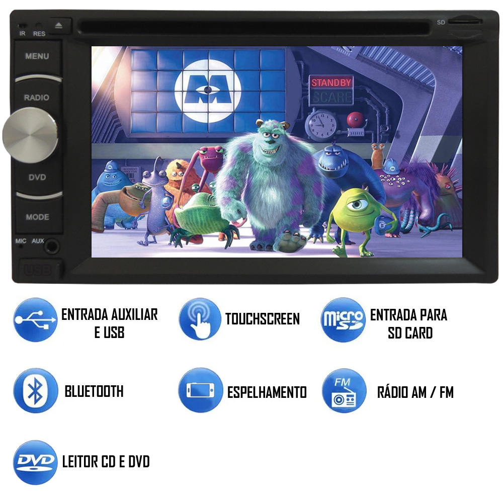 DVD Player Automotivo 2 Din E-Tech Universal Tela 6.2" Espelhamento Bluetooth USB Cartão Memória